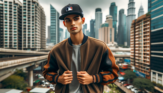 A fashionable person wearing a MLB New Era 59Fifty fitted hat, with a diverse urban background. The person is in a stylish outfit, perfectly matching the hat with their clothes.