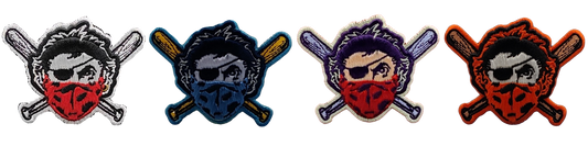 A row of four different colorways of the Pittsburgh Pirates covid mask logo, each featured on a different New Era 59Fifty fitted hat.