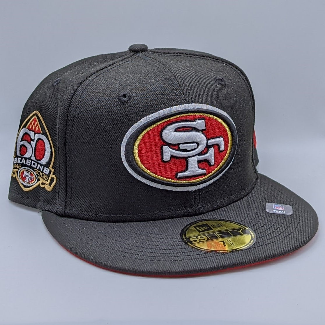 Vegas Gold San Francisco 49ers Red Visor Gray Bottom 60th Seasons Side Patch New Era 59FIFTY Fitted 71/8